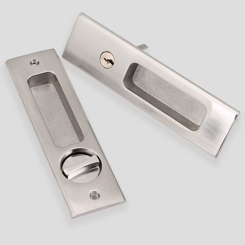 CCJH Privacy Pocket Door Lock Hardware with Key, Pocket Door Lock Handle Invisible Wooden Barn Door Latch, Interior Privacy Furniture Hardware Brushed Nickel Silver 1 Pack