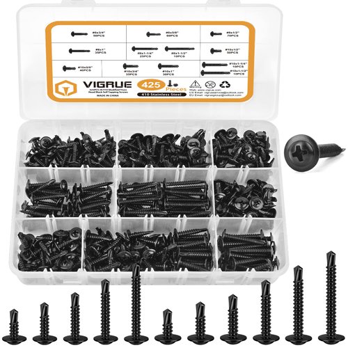 VIGRUE 425PCS #8#10 Black Self Tapping Screws for Metal, 425PCS (410) Stainless Steel Modified Truss Head Sheet Metal Self Drilling Screws Assortment Kit, Black Oxide, Length 1/2" to 1-1/2''