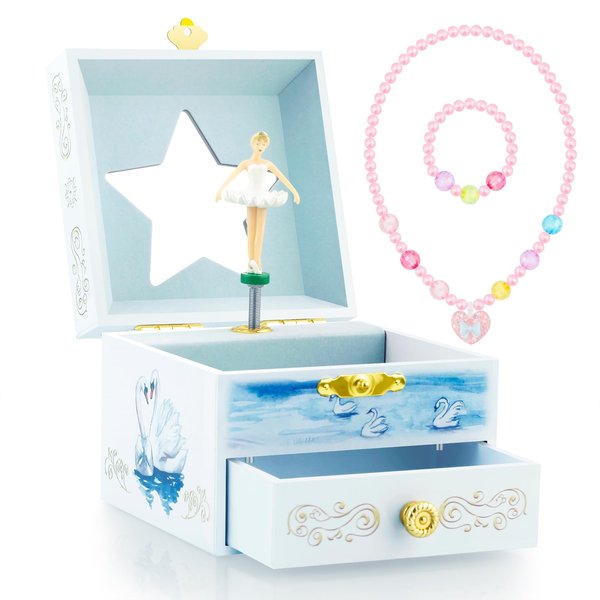 RR ROUND RICH DESIGN Kids Musical Jewelry Box with Drawer and Pretty Jewelry Set with Elegant Ballet Girl Theme - Swan Lake Tune White