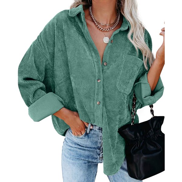QIXING Womens 2024 Corduroy Button Down Shirt Casual Oversized Long Sleeve Blouses Tops Green-L