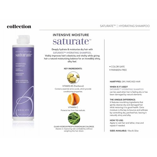 Brocato Saturate Daily Hair Shampoo: Intensive Moisture Hydrating Shampoo for Dry, Damaged Hair - Moisturizing Formula Safe for Color Treated Hair - Contains No Sulfate or Parabens - 10 Oz
