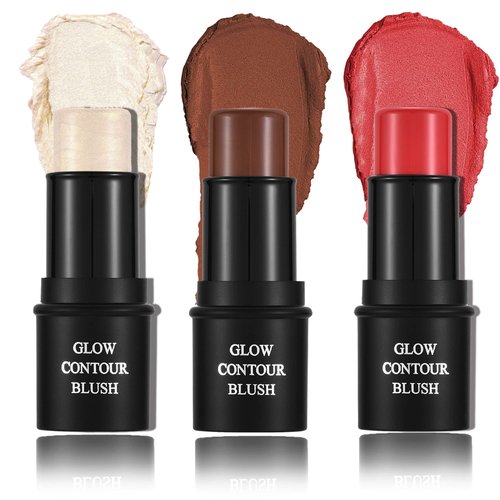 CCbeauty Multi Stick Trio Contour Highlighter Blush Stick, Creamy Shimmer Highlight Bronzer Blushes Sticks, Face Eye Brighten Contouring Shaping Shimmer Pencil, Perfect Facial Makeup Kit,3Pcs