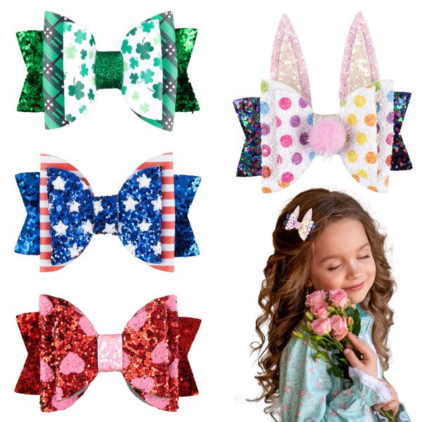 Whaline 4Pcs Independence Day Seasonal Hair Bow Set Glitter Holiday Bow Clips Valentine's Day St. Patrick's Day Easter Hair Pins Heart Shamrock Rabbit Bunny Ear Stars Stripes Hair Barrettes for Girls
