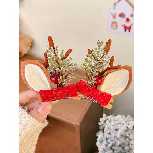 Christmas Hair Clip for Women, Christmas Bow Hair Clips Glitter Reindeer Antlers Ears Hair Accessory with Holly Berries Xmas Hairpins Christmas Gifts for Women Girls 2Packs