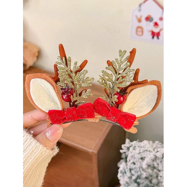 Christmas Hair Clip for Women, Christmas Bow Hair Clips Glitter Reindeer Antlers Ears Hair Accessory with Holly Berries Xmas Hairpins Christmas Gifts for Women Girls 2Packs