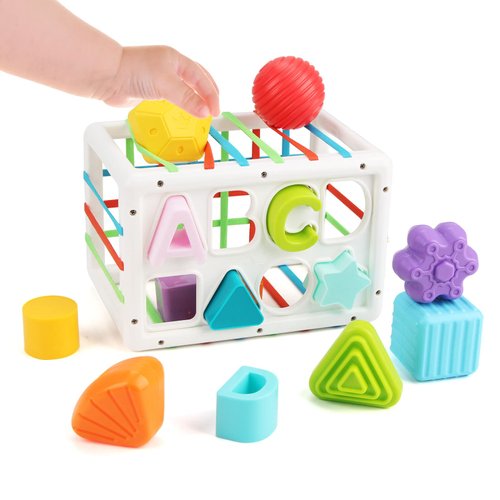 Joyfia Baby Shape Sorter Toy, Montessori Toys for 2 Year Old, Colorful Cube & 14 Sensory Shape Blocks, Developmental Learning Toys Birthday Gift for Girls Boys Toddlers, Baby Toys 18-36 Months