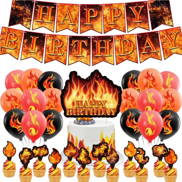 Fire Party Decorations Firefighter Birthday Party Supplies Includes Fire Happy Birthday Banner Cupcake Toppers Cake Topper Balloons for Firefighter Party Fire Truck Party Supplies