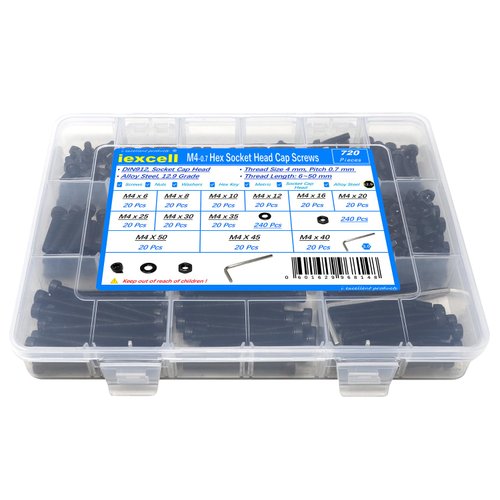 iexcell 720 Pcs M4 x 6/8/10/12/16/20/25/30/35/40/45/50 Alloy Steel 12.9 Grade Hex Socket Head Cap Screws Bolts Washers Assortment Kit, Black Oxide Finish