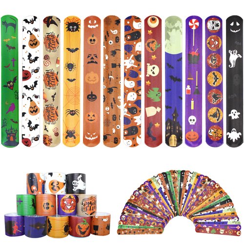 Hidreamz 48 PCS Halloween Slap Bracelets for kids bulk, Halloween Snap Bracelets Toys Slap Bracelets Wristbands for Happy Halloween Party Favors