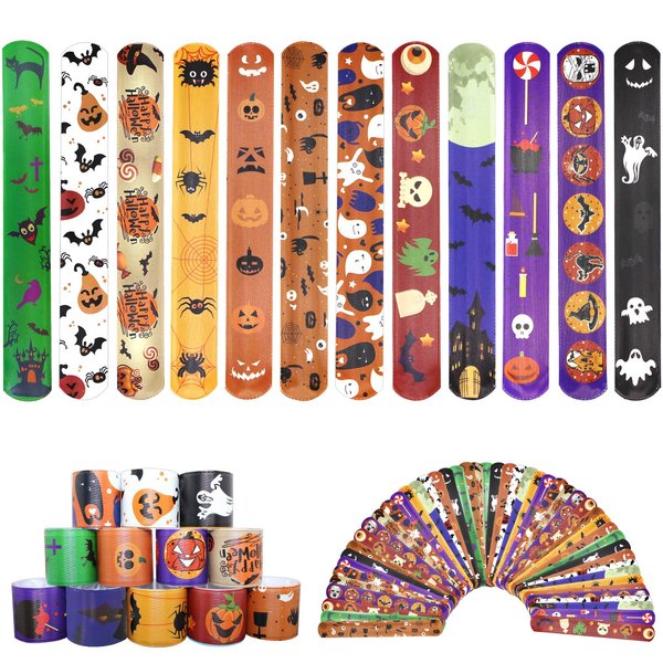 Hidreamz 48 PCS Halloween Slap Bracelets for kids bulk, Halloween Snap Bracelets Toys Slap Bracelets Wristbands for Happy Halloween Party Favors