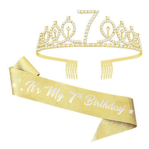 UVATAHONA 7th Birthday Party Set - Glitter Sash, Tiara Crown, and Decorations for Girls, Gold