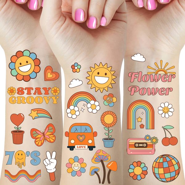 75Pcs Groovy 70s Temporary Tattoos for Kids, Hippie Tattoo Stickers, Birthday Party Favors Decorations Supplies for Boys Girls, Flower Power Good Vibes Smile Love Rainbow Arts and Crafts