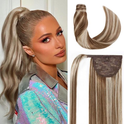 RECOOL Ponytail Extension Human Hair Light Brown with Bleach Blonde Wrap Around Clip in Ponytail Hair Extensions Hair Piece Real Remy Human Hair Ponytail Extension for Women Straight(20 inch)