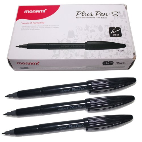 Monami Plus Pen S Water-based Felt Tip, Fine Liner Pen - Black Body - Black Ink - Pack of 12 Pen