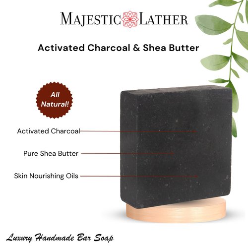 Majestic Lather Activated Charcoal & Shea Butter Luxury Bar Soap for Face, Body, Oily & Sensitive Skin, Eczema, Psoriasis and ACNE. Purifying & Nourishing