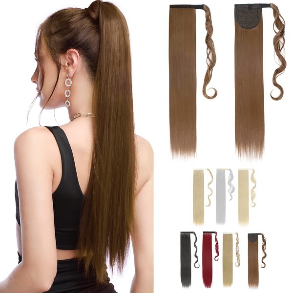 Benehair Wrap Around Ponytail Hair Extensions Clip in Ponytail Hairpiece One Piece Hair Extension for Women 26 Inch Synthetic Straight Light Brown