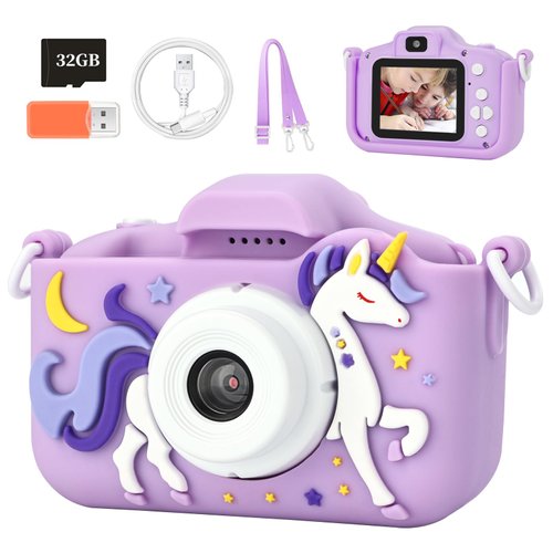 Knagsfa Kids Camera Toys for 3-12 Year Old Girls Boys,Children Digital Video Camcorder Camera with Cartoon Soft Silicone Cover, Best Birthday Festival Gift for Kids - 32G SD Card Included, Purple
