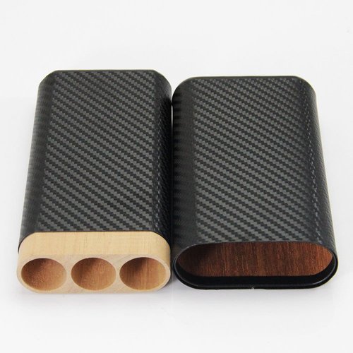 Cigar In Style Carbon Fiber Leather 3 Tube Wooden Cigar Case/Holder Travel Humidor