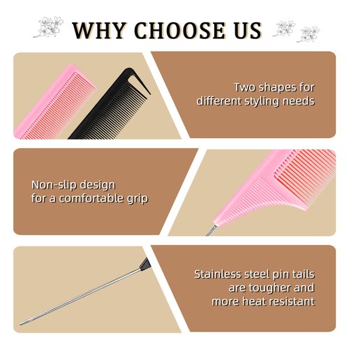 Jurrissa Metal Rat Tail Combs Set for Parting,Fine Tooth Teasing Comb with Metal Pin Tail for Styling and Hair Cutting-4 Pack Parting Combs for Braiding Hair,Steel Pin Tail Teasing Combs