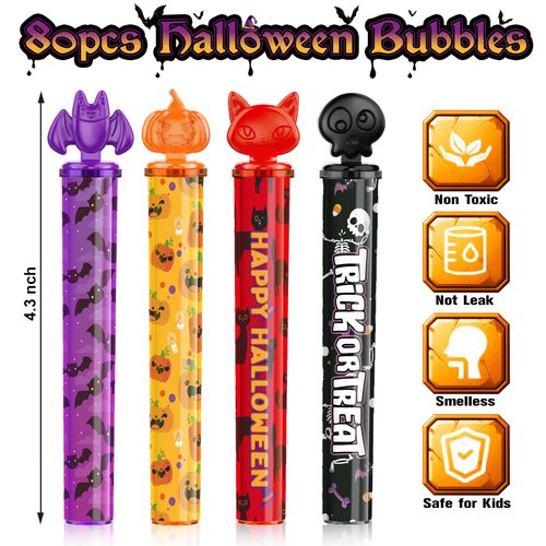 AuroTops 80pcs Halloween Mini Bubble Wands, Halloween Party Favors for Kids, Halloween-Themed Stickers Bubble Wands for Trick or Treat, Goodie Bags, Halloween Toys Gifts for Kids