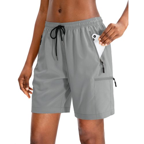 SANTINY Women's Hiking Cargo Shorts Quick Dry Lightweight Summer Shorts for Women Travel Athletic Golf with Zipper Pockets(Light Grey_L)