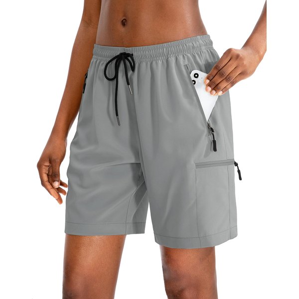 SANTINY Women's Hiking Cargo Shorts Quick Dry Lightweight Summer Shorts for Women Travel Athletic Golf with Zipper Pockets(Light Grey_L)