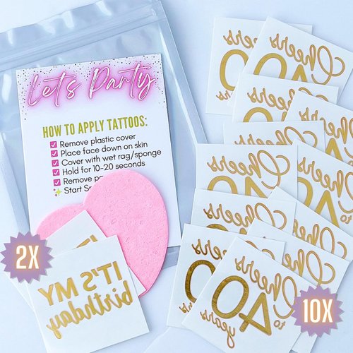 Tats4now / Cheers to 40 years shiny gold temporary tattoo party favors / 40th bday decorations/turning forty party