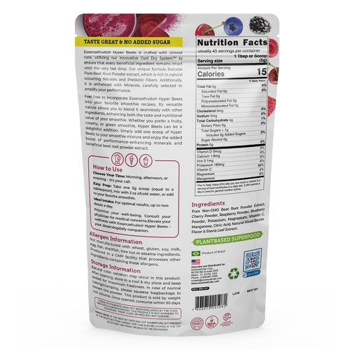 Essenzefruits Hyper Beets - Pure Beet Root Powder Extract 8 oz (226 g) - Non-GMO, Nitric Oxide Booster, Natural Red Berries Flavor, Potassium, Magnesium, Vitamin C and Manganese Boost (45 Servings)