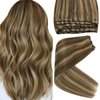 Sunny Human Hair Weft Brown Hair Extensions Real Human Hair Weft Highlights Human Hair Extensions Sew in Dark Brown Mix Caramel Blonde Highlights Weft Hair Extensions Human Hair Straight 100g 16inch
