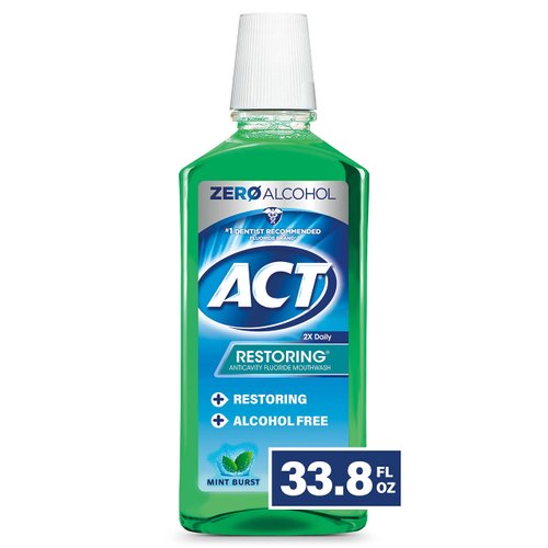 ACT Restoring Zero Alcohol Fluoride Mouthwash 33.8 fl. oz. Strengthens Tooth Enamel, Mint Burst