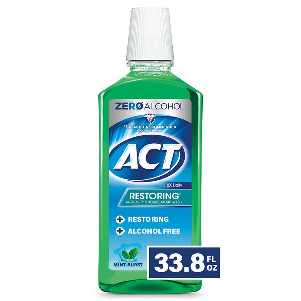 ACT Restoring Zero Alcohol Fluoride Mouthwash 33.8 fl. oz. Strengthens Tooth Enamel, Mint Burst