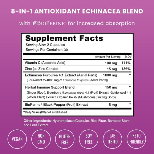Echinacea Goldenseal 1000mg with Elderberry, Vitamin C, Zinc & Ginger | Immune Boost Vegan Echinacea Capsules with Goldenseal Root & BioPerine for Absorption | Premium Echinacea Root Supplement