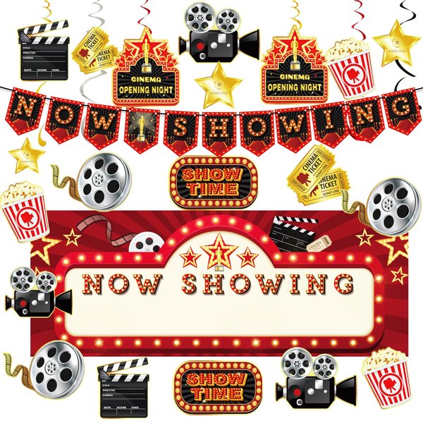 Lnkdeya Movie Night Party Decorations - 60 Pcs Kit Now Showing Banner Hanging Foil Swirls Film Backdrop Movie Theater Themed for Birthday Party Family Party Boys Girls