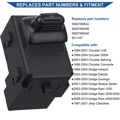 Passengers Side Power Window Switch 56007695AC / 56007695AB, Compatible with 2002-2009 Dodge Ram 1500 2500 3500 4500 5500, Dakota, Durango, Intrepid, Stratus, Jeep Cherokee, Chrysler 300M, LHS