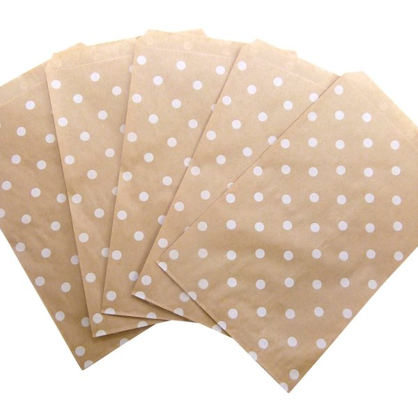 N'icePackaging 200 Qty 6" x 9" Decorative Flat Paper Gift Bags - White Polka-Dot on Brown Kraft Bags - For Sales/Treats/Parties Cookies/Gifts