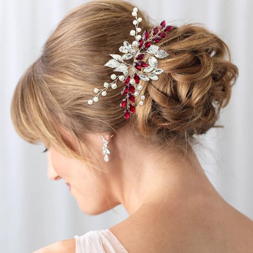 Bride Wedding Hair Comb Crystal Rhinestone Pearls Silver Leaf Hair Piece Accessories for Women Girls Homecoming Party (Wine Red)