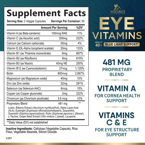 Eye Vitamins & Mineral Supplement, Contains Lutein, Zeaxanthin, Bilberry & Zinc, Supports Eye Strain, Vision Macular Health & Dry Eyes for Adults with Vitamin C & E, Lycopene, Non-GMO - 60 Capsules