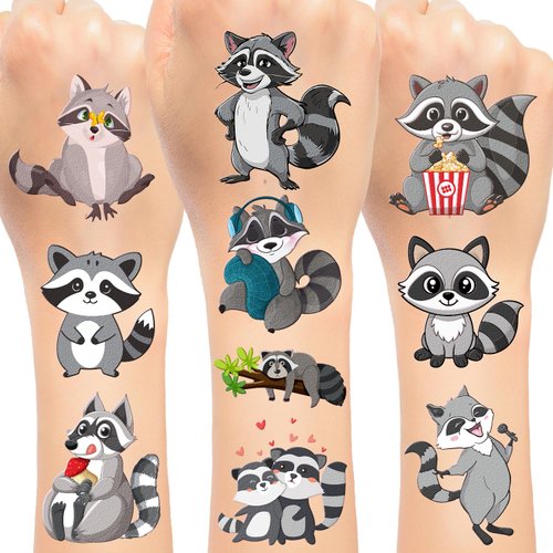144 PCS Raccoon Temporary Tattoos Stickers, Raccoon Party Favors Supplies Woodland Raccoon Birthday Party Decorations Gifts for Kids Boys Girls Classroom Rewards, 24 Sheets