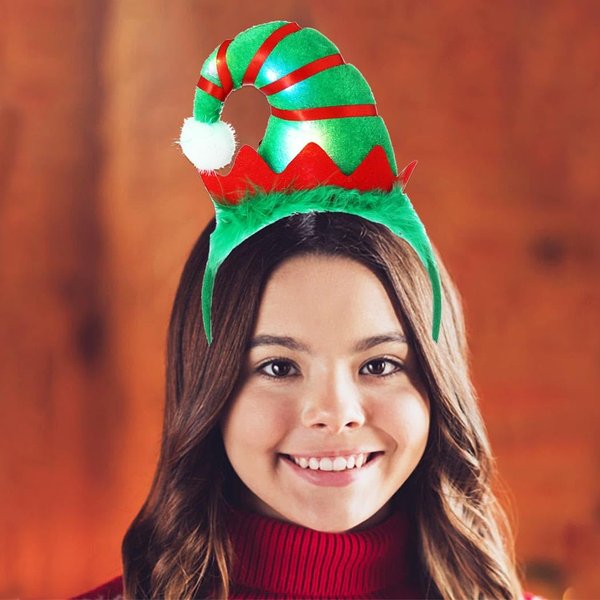 Obmyec Light Up Christmas Headband Christmas Head Bopper with LED Lights Santa Hat Reindeer Antler Tree Headpiece Gifts Bulk for Adults Kids Xmas Holiday Party (Green-3)