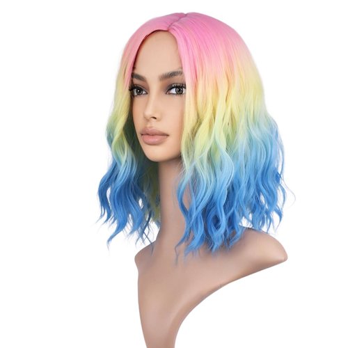 WTHCOS Ombre Rainbow Wig Short Curly Wavy Hair Wig for Women Side Part Wig Multi-Color Wig Heat Resistant Synthetic Hair Wigs for Daily Use Cosplay Wig With Wig Cap