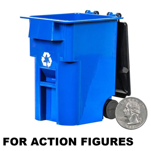 Set of 3 Mini Blue Recycling Trash Cans with Lid & Wheels for Wrestling Action Figures