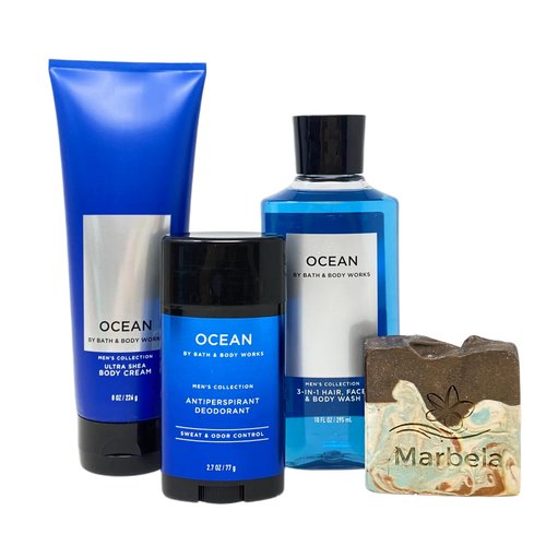 Bath & Body Works Men's Collection Ocean 3 Piece Bundle - Body Cream - 3-in-1 Hair, Face & Body Wash - Deodorant - with a Cabin Spice Bar Soap - Full Size