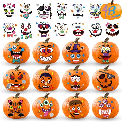 Halloween Pumpkin Decorating Stickers Kit, Make 48 Different Faces Jack-O-Lantern Pumpkin Decorations DIY Craft Stickers Kids Gifts, Halloween Toddler Activities Treats Game Party Favors