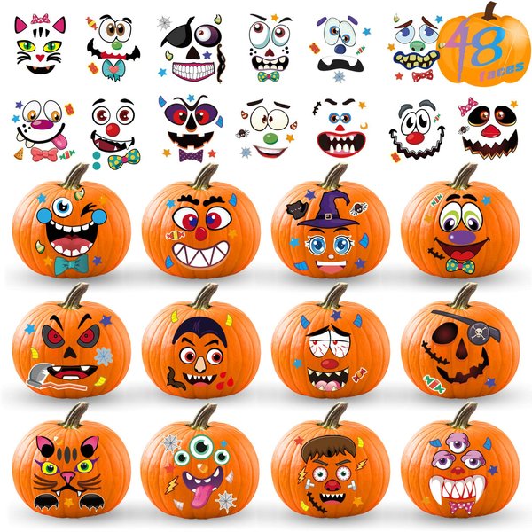 Halloween Pumpkin Decorating Stickers Kit, Make 48 Different Faces Jack-O-Lantern Pumpkin Decorations DIY Craft Stickers Kids Gifts, Halloween Toddler Activities Treats Game Party Favors