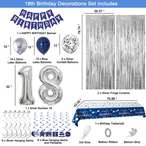 18th Birthday Decorations for Boys and Girls Blue Silver, Happy 18th Birthday Decorations Banner Birthday Balloons Number 18 Tablecloth Fringe Curtains Hanging Swirls, 18 Years Old Bday Party Supplies