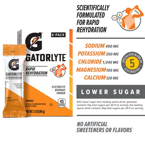 Gatorlyte Electrolyte Beverage Powder, Orange, Makes 20 Fl Oz, 3.1 ounce (Pack of 6)