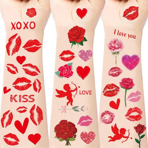 RUPOFUZA Valentines Temporary Tattoos Assorted Red Lips Temporary Tattoo Sticker Cute Valentines Temporary Tattoos Adult Women Kiss Tattoo Stickers for Valentines Day Decorations(10 Sheet)