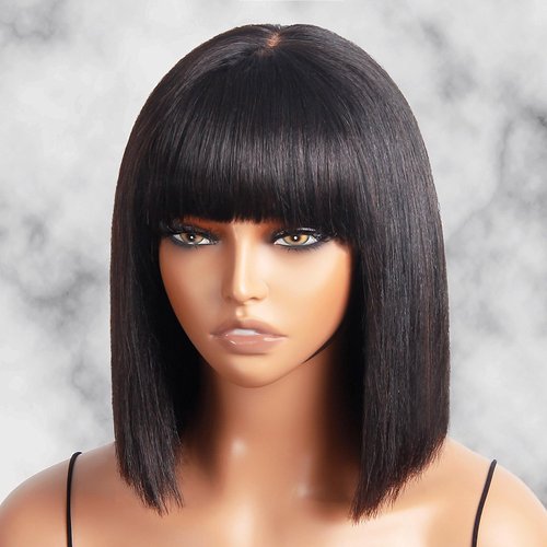 SAYIDON Bob Wigs With Bangs Human Hair Light Yaki Straight Bang Bob Wigs Glueless 2X1 HD Lace Scalp Short Bob Bang Wig Wear and Go Blunt Cut Bob Wigs For Women Natural Color 180 Density 10 inch