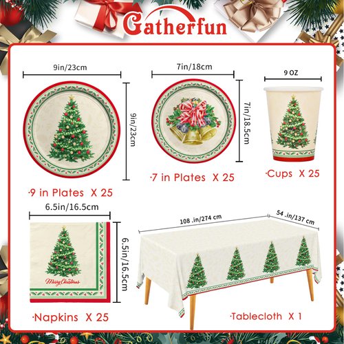 Christmas Party Supplies Serve 25, Christmas Tree Christmas bell Disposable Dinnerware Includes: Dinner Plates, Dessert Plates, Napkins, Cups, and Tablecloth, for Merry Christmas Party Decorations