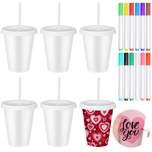 Yetene 6 Pcs Christmas Paint Your Own Cups with 12 Color Pen DIY Kit Paintable Plastic Cups with Lids and Straws Personalized Tumblers DIY Cups for Adults Christmas Gifts Color Your Own Craft(16oz)